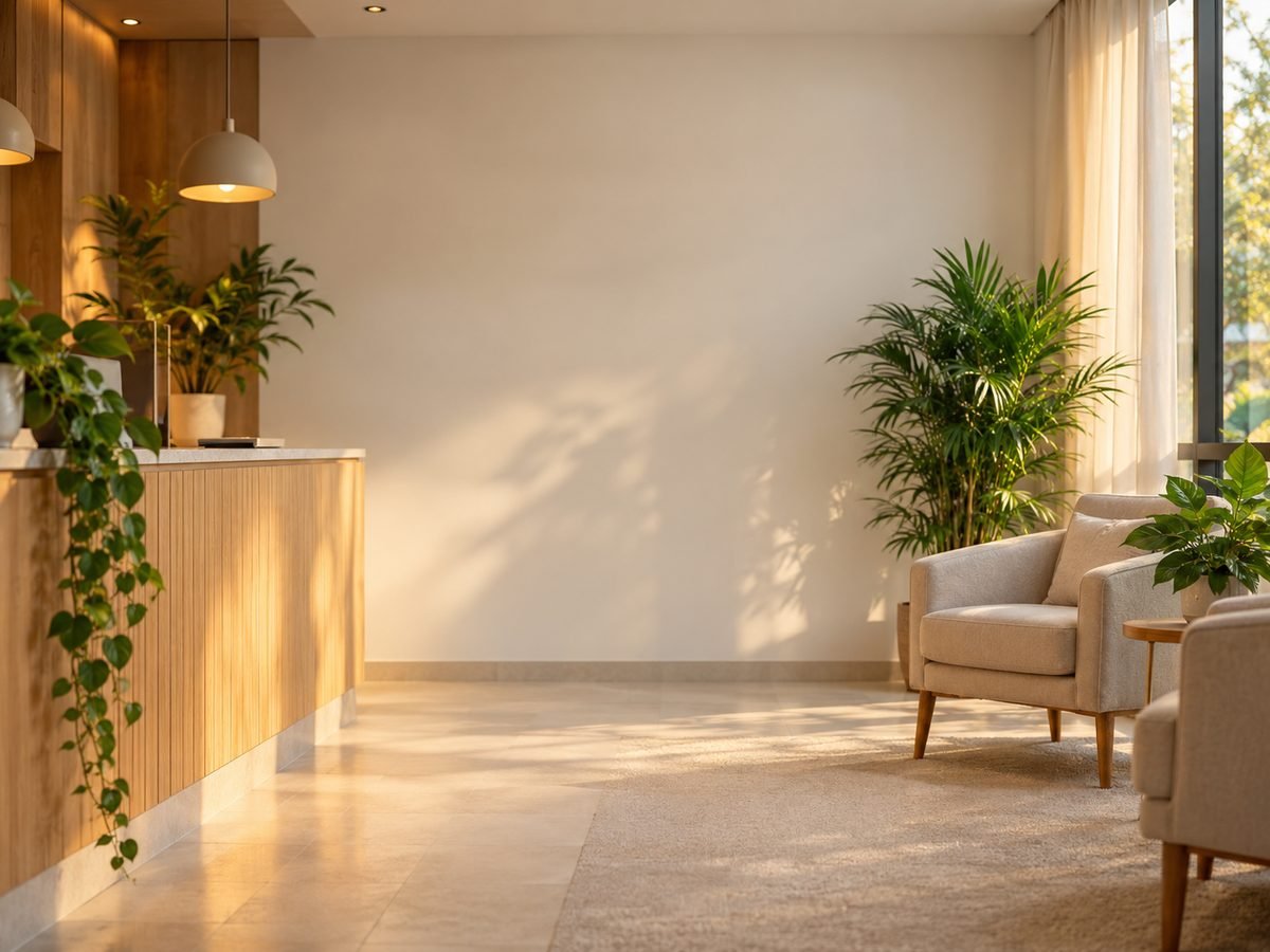 Recepção de escritório acolhedora com luz natural