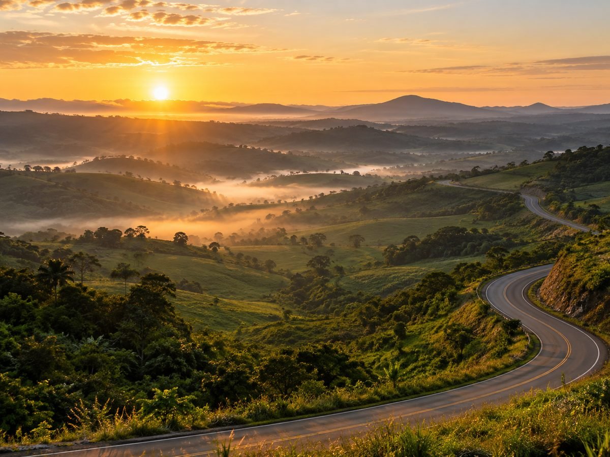 Estrada sinuosa entre colinas ao amanhecer