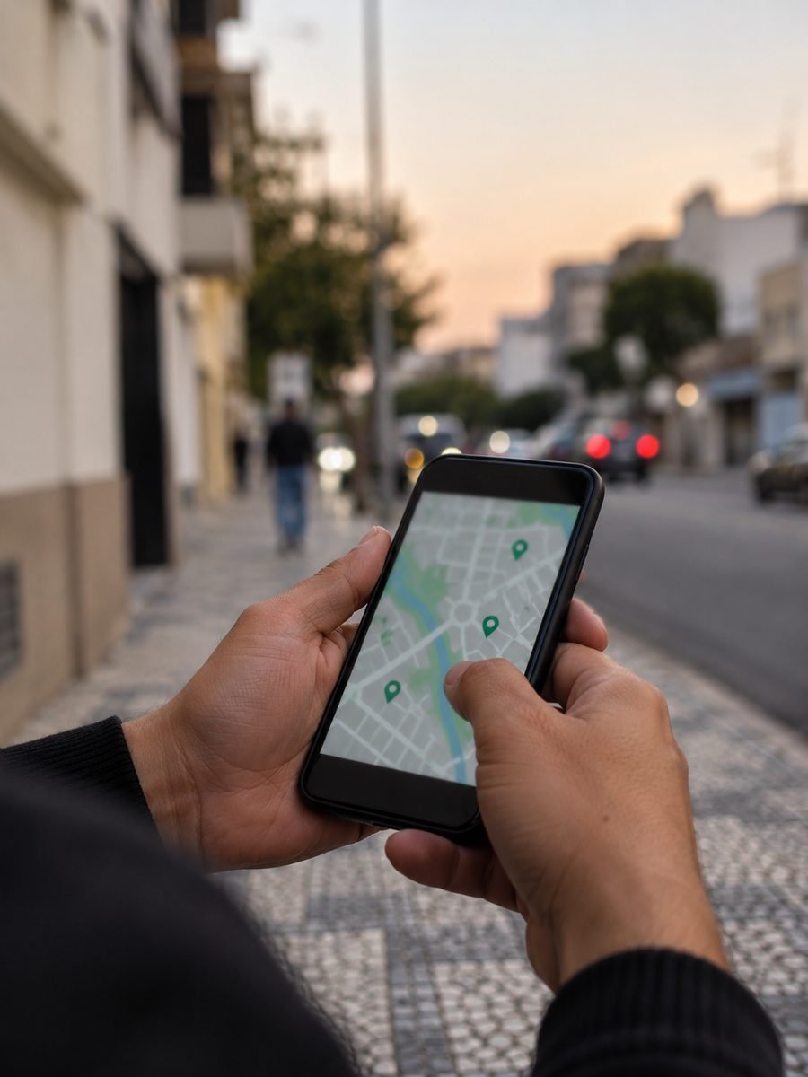 Pessoa procurando um advogado pelo mapa no celular