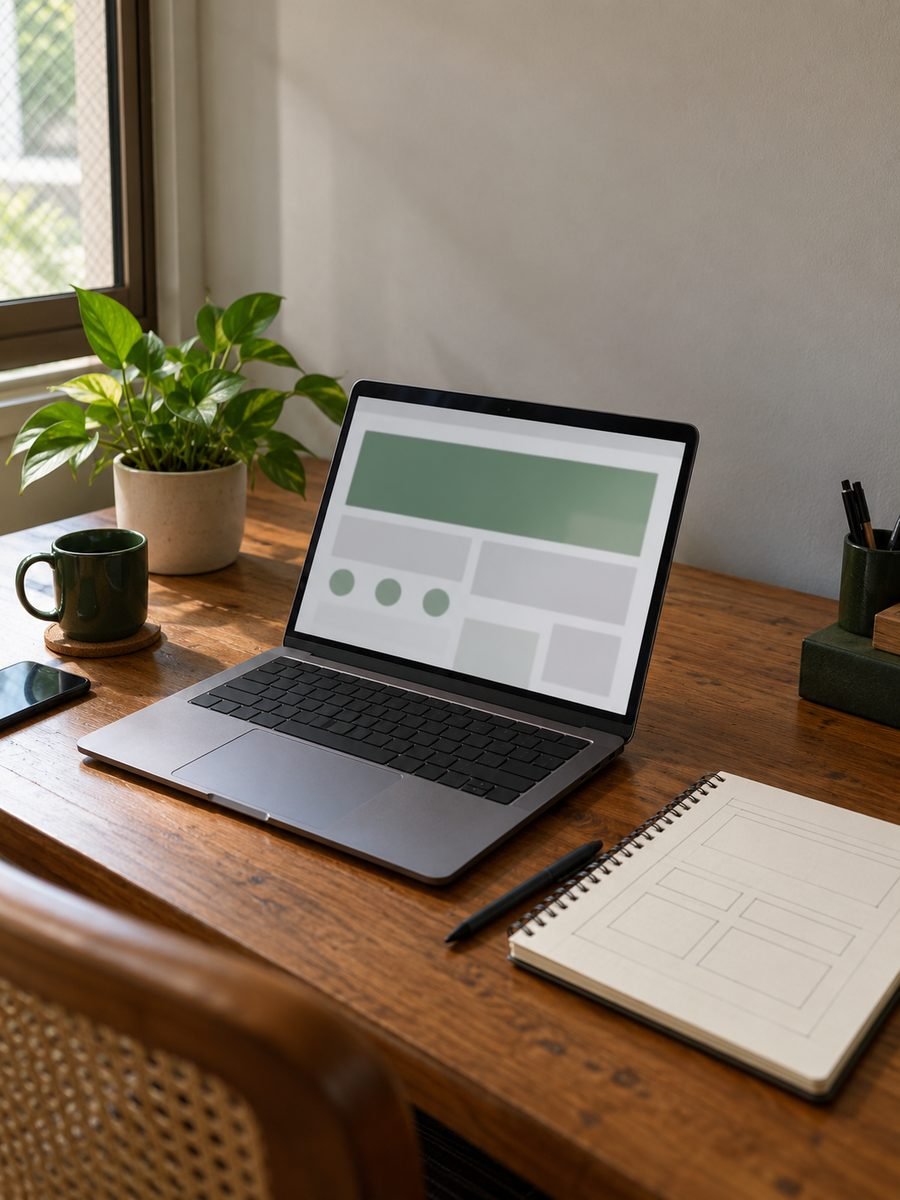 Notebook com o site de um escritório aberto na mesa